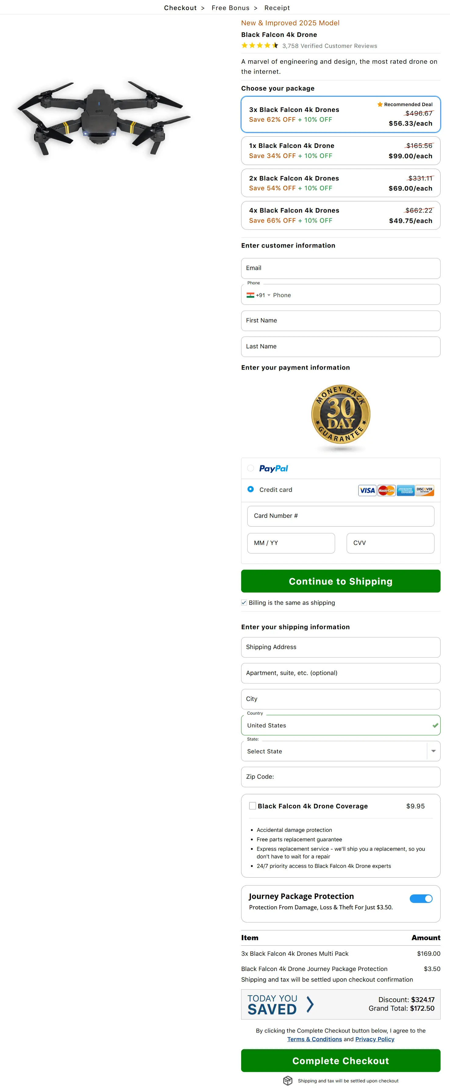 Black Falcon 4K Drone checkout page